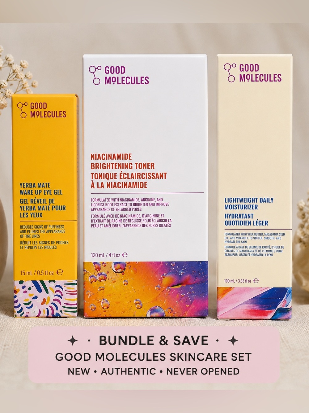 Good Molecules Skincare Bundle NEW Toner Moisturizer Eye Gel 3pc Set